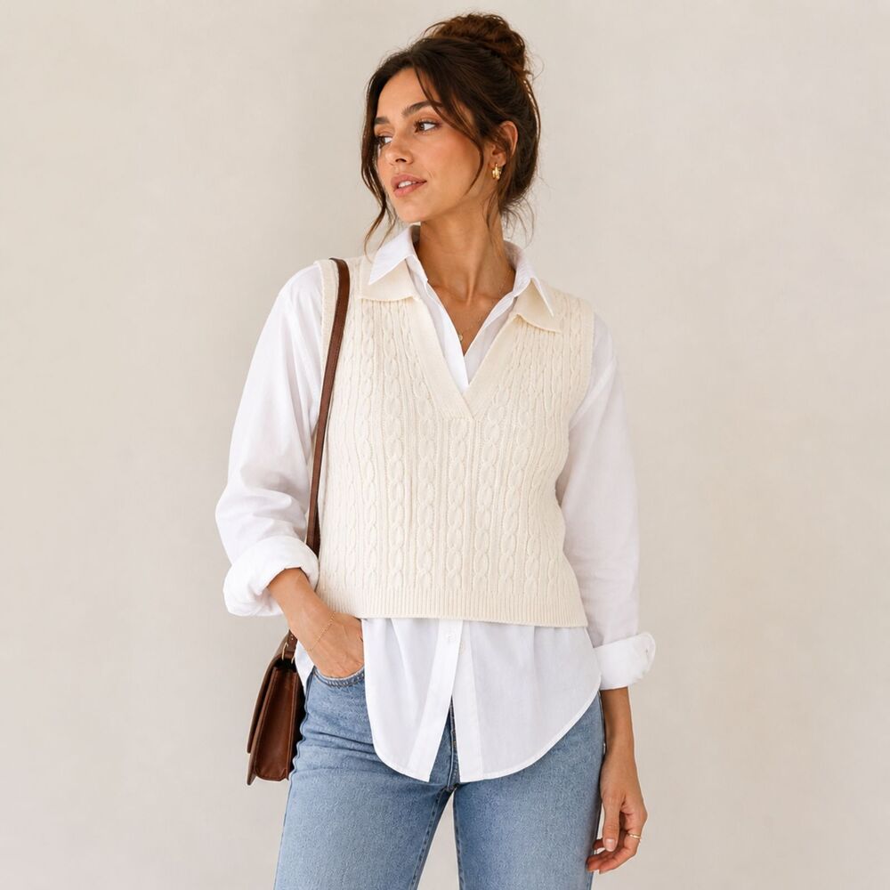 Happily Grey Cable Knit Sweater Vest M Ivory Collared Sleeveless Women’s